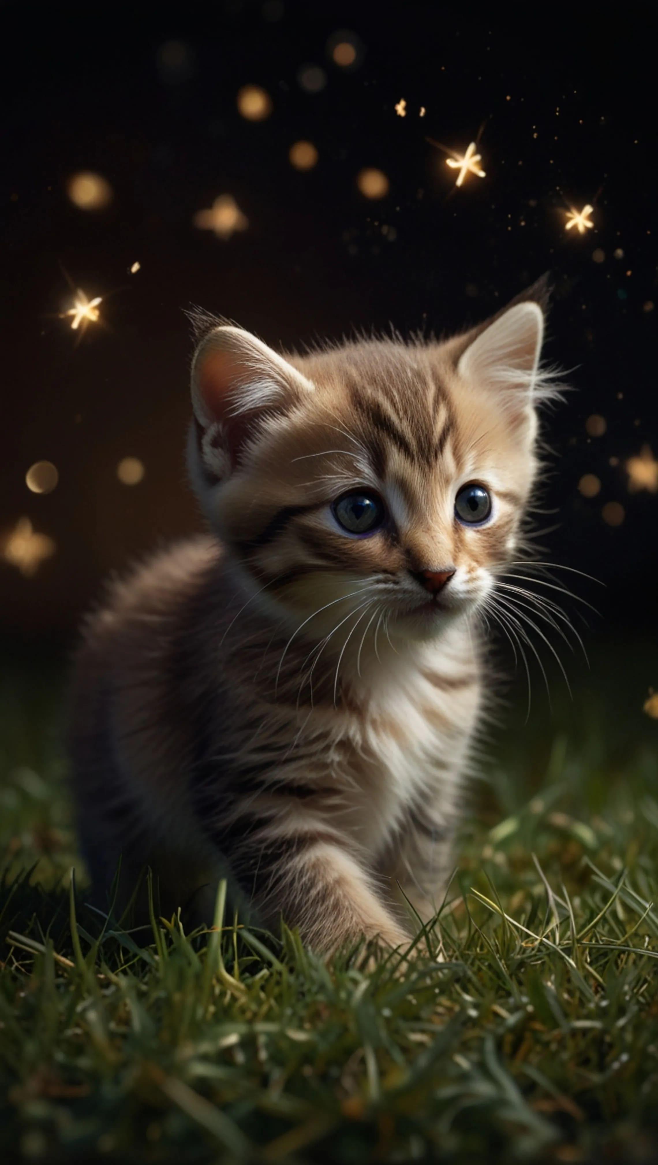 Whimsical Kitten with Fireflies