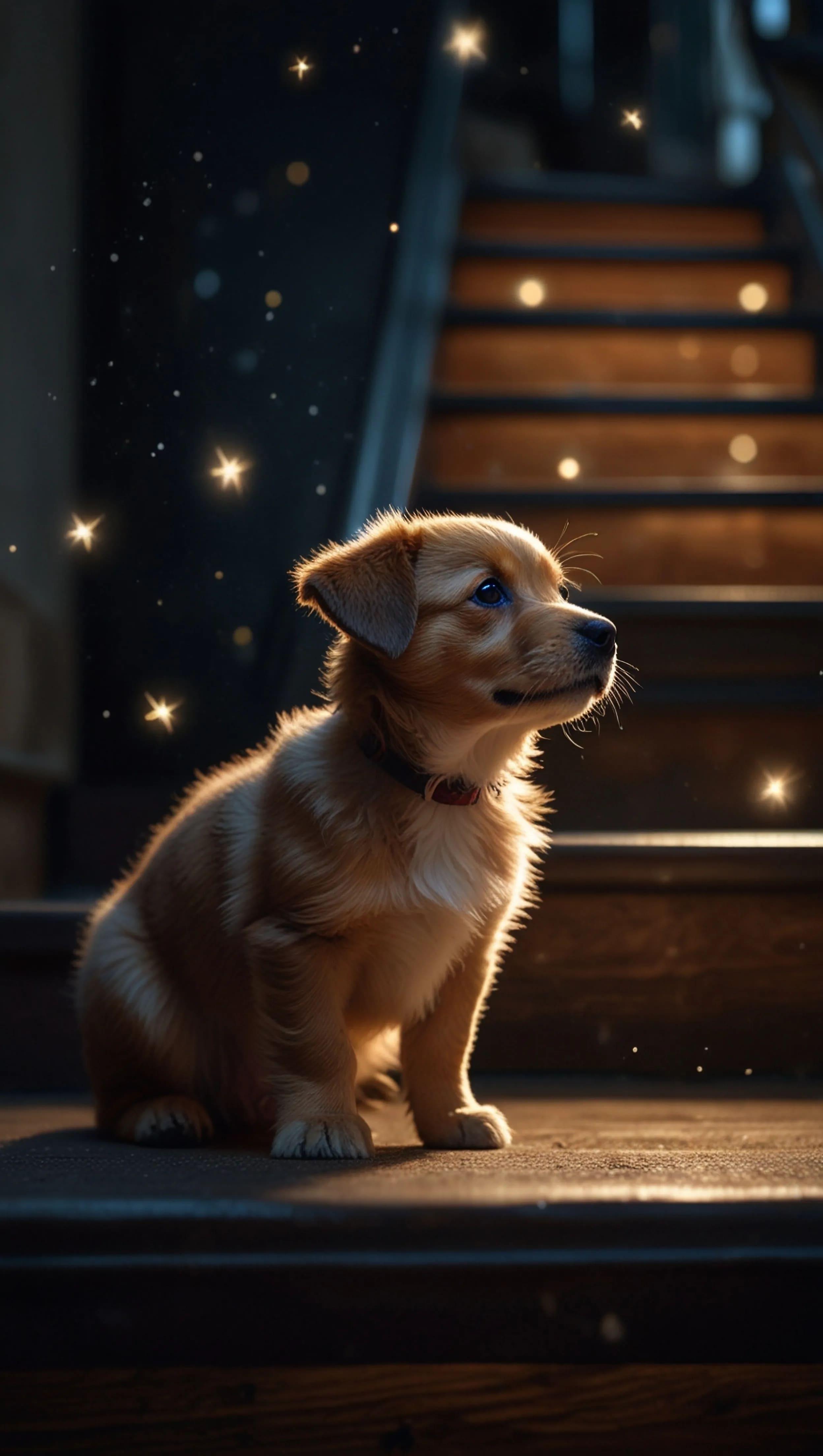 Whimsical Puppy on Wooden Stairs