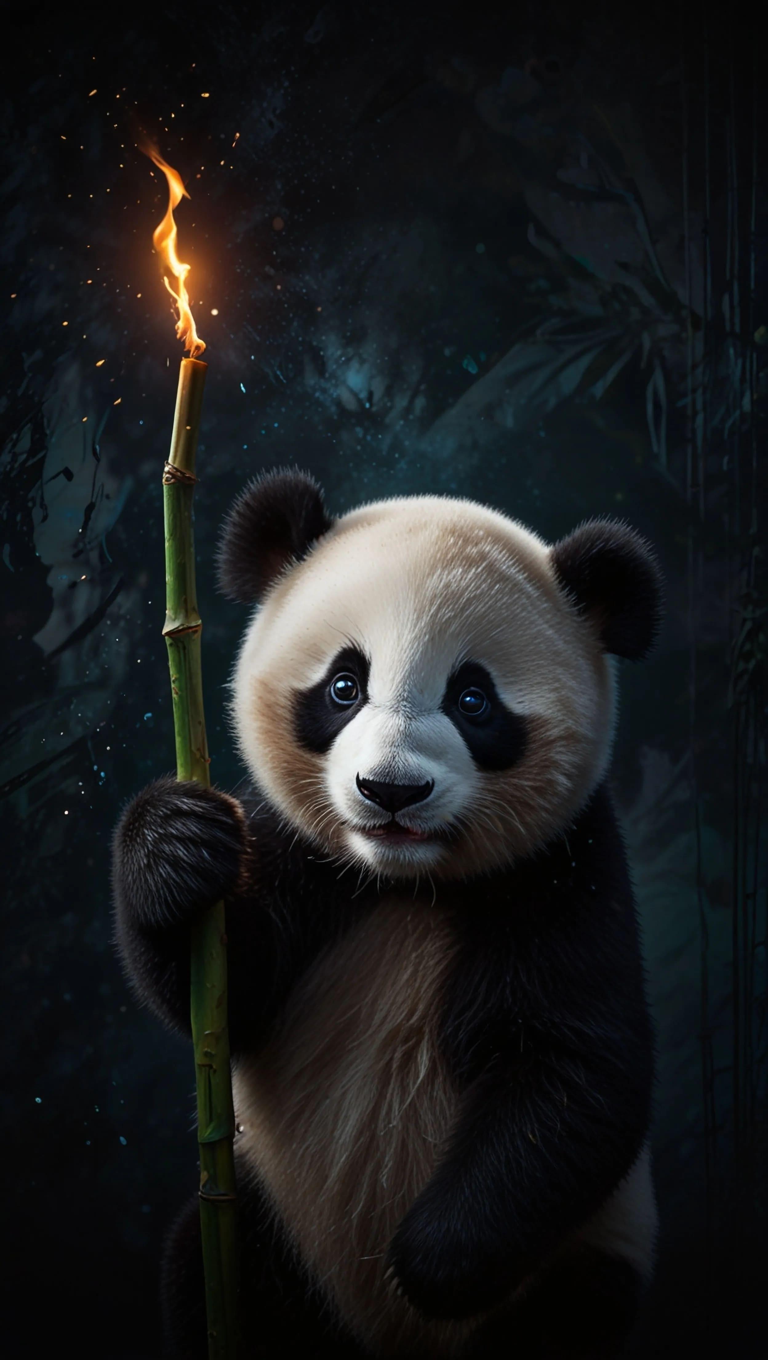 Panda with a Fiery Bamboo Torch