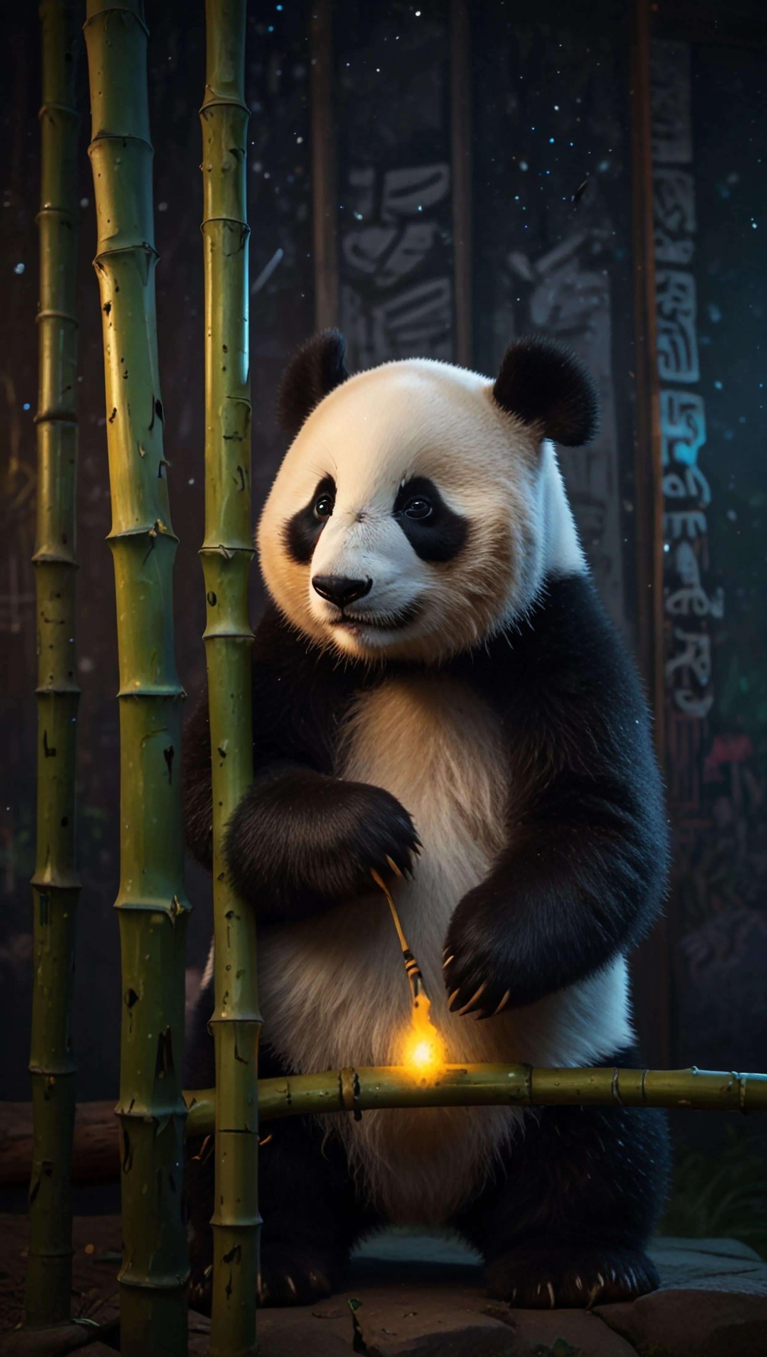 Panda’s Nighttime Glow in Bamboo Forest