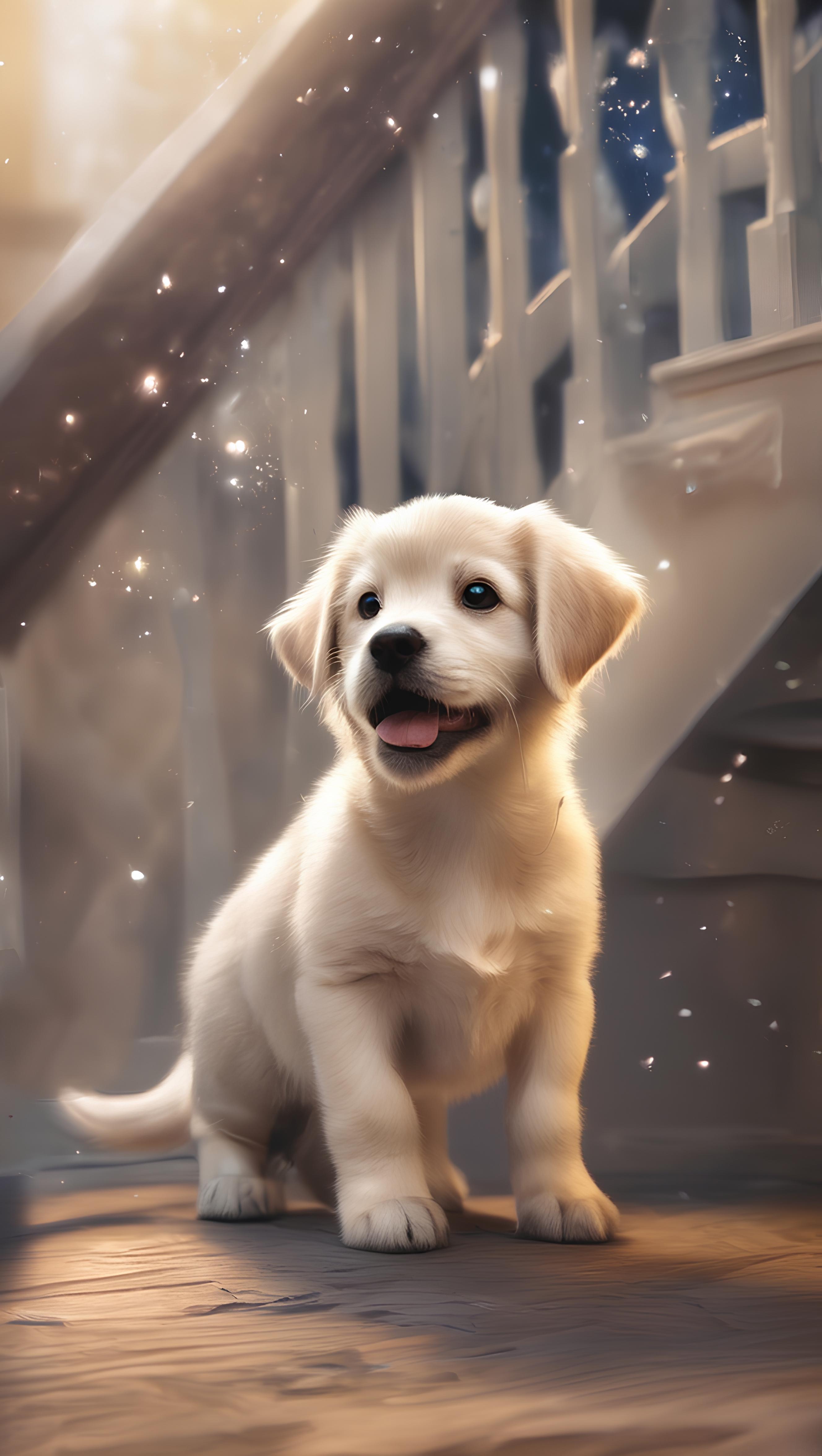 Curious Puppy on a Magical Staircase