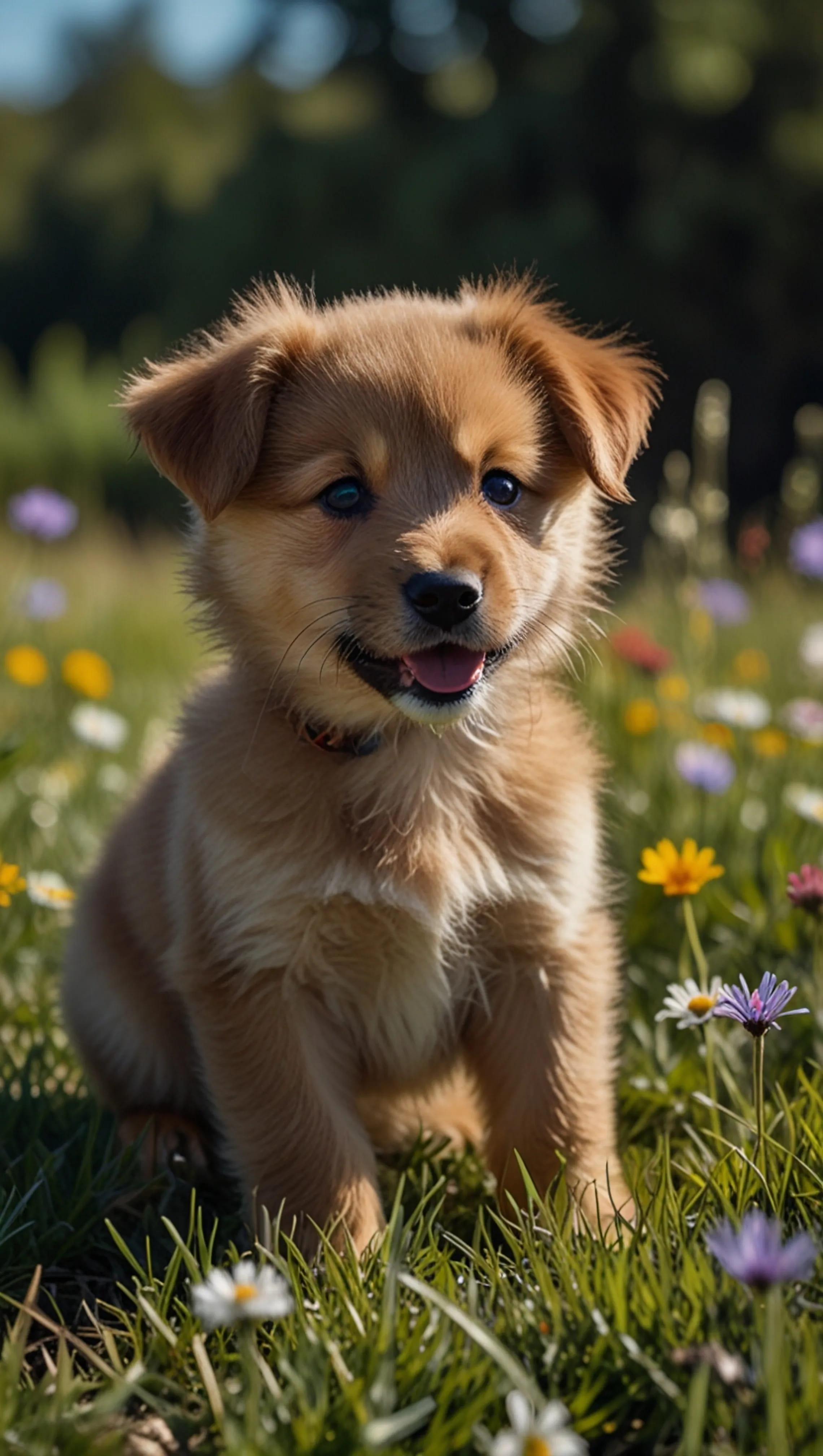 Playful Puppy in a Field of Wildflowers