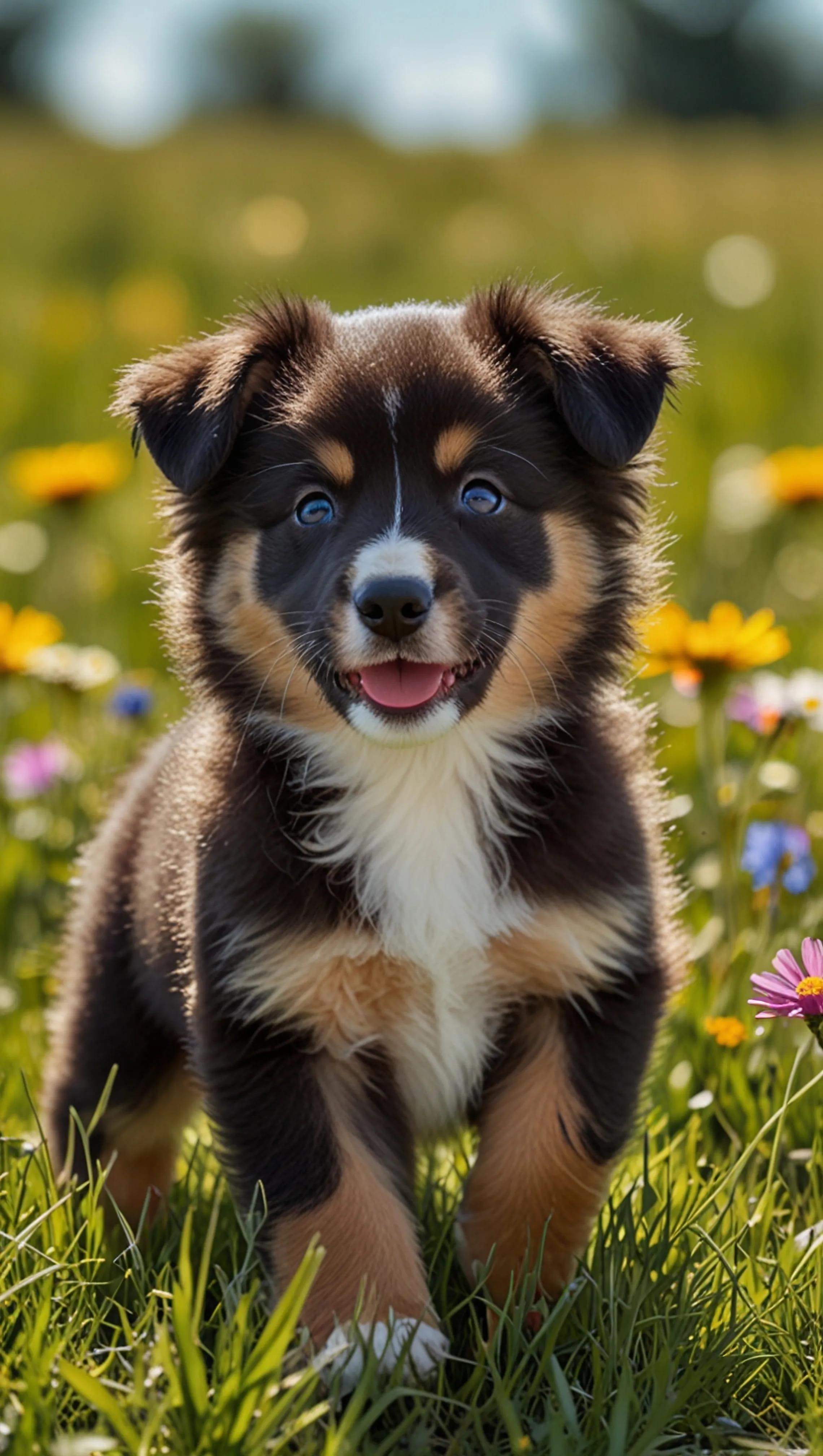 Playful Puppy in a Field of Wildflowers