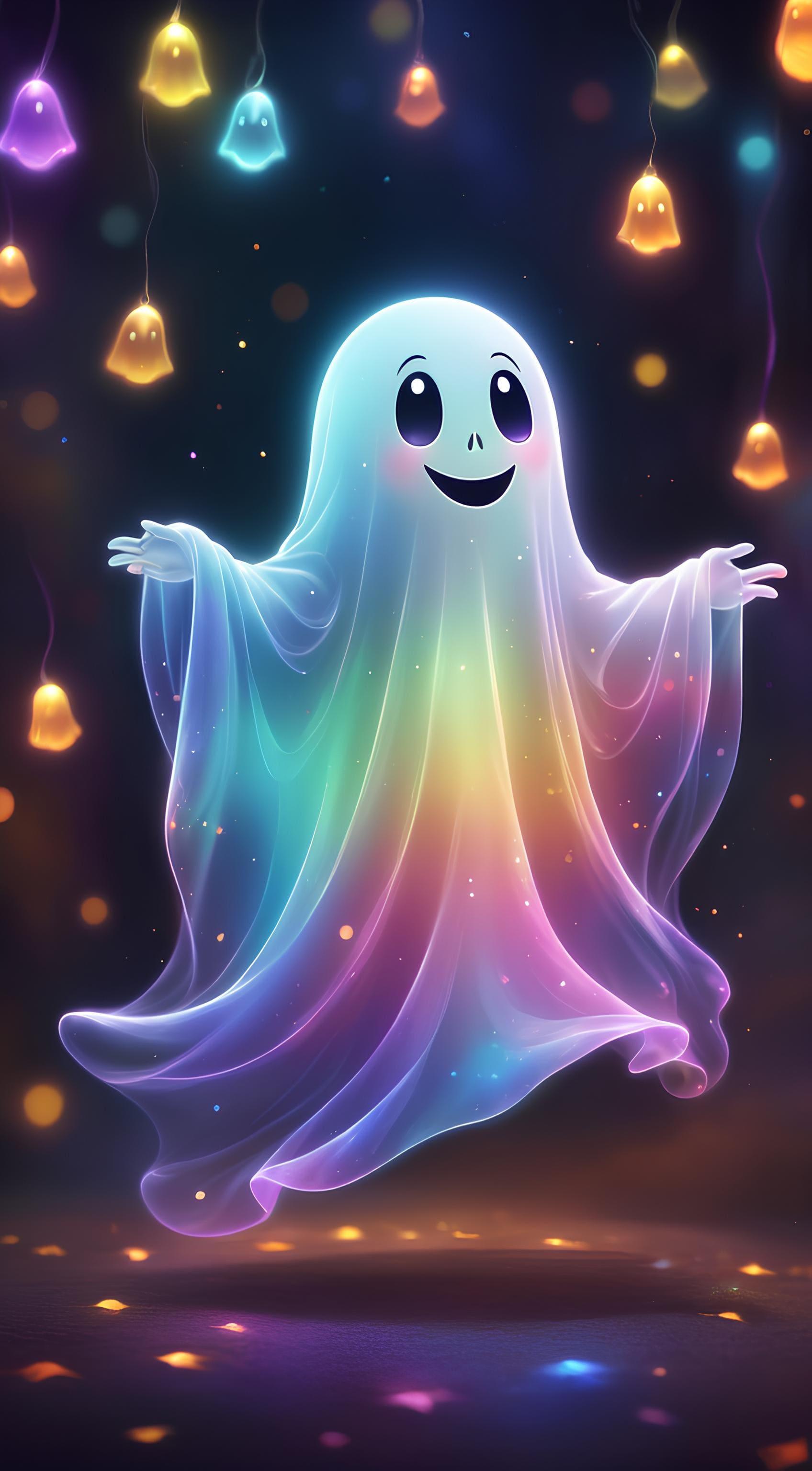 Friendly Rainbow Ghost with Lanterns