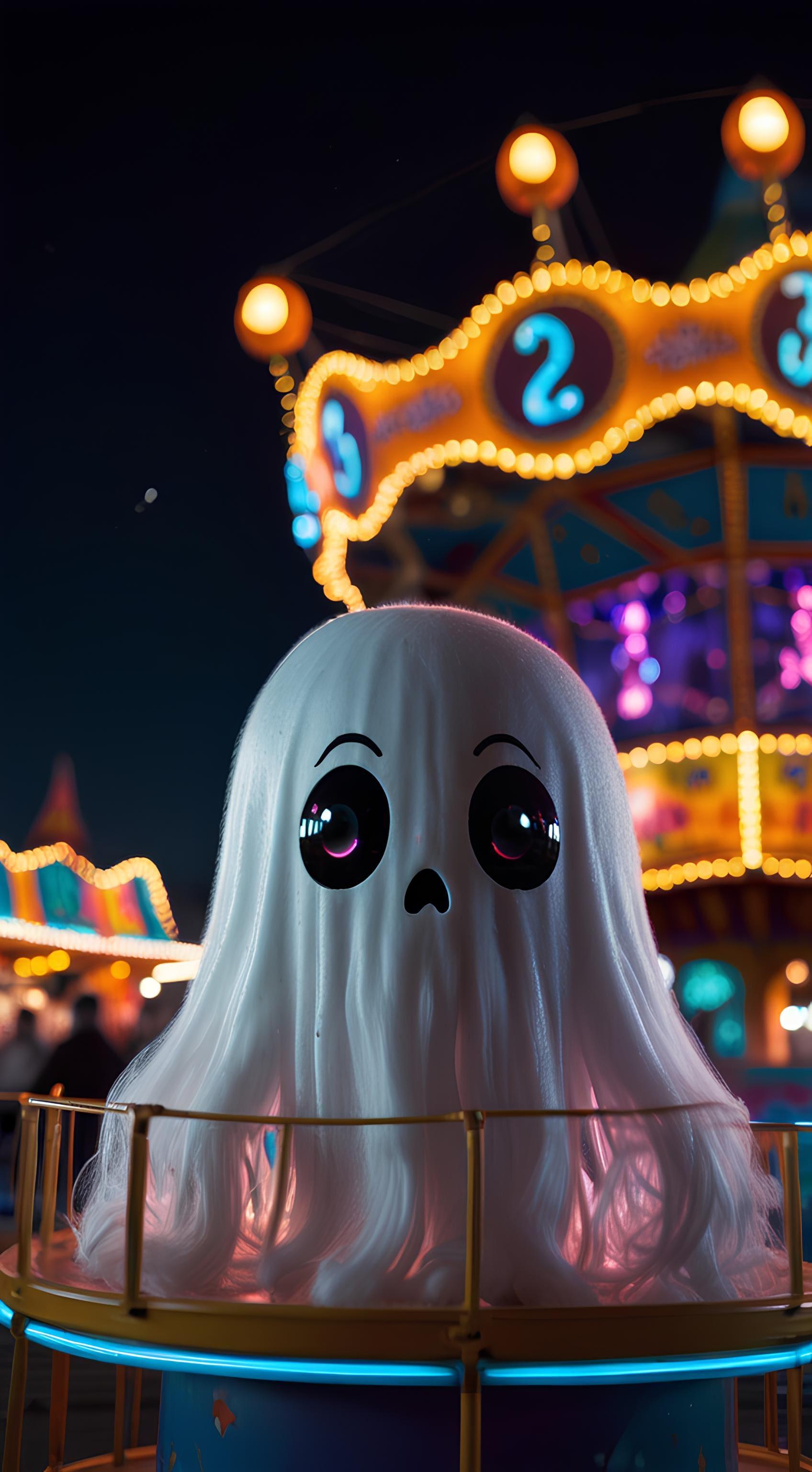 Ghost with Carousel - Whimsical Halloween Art