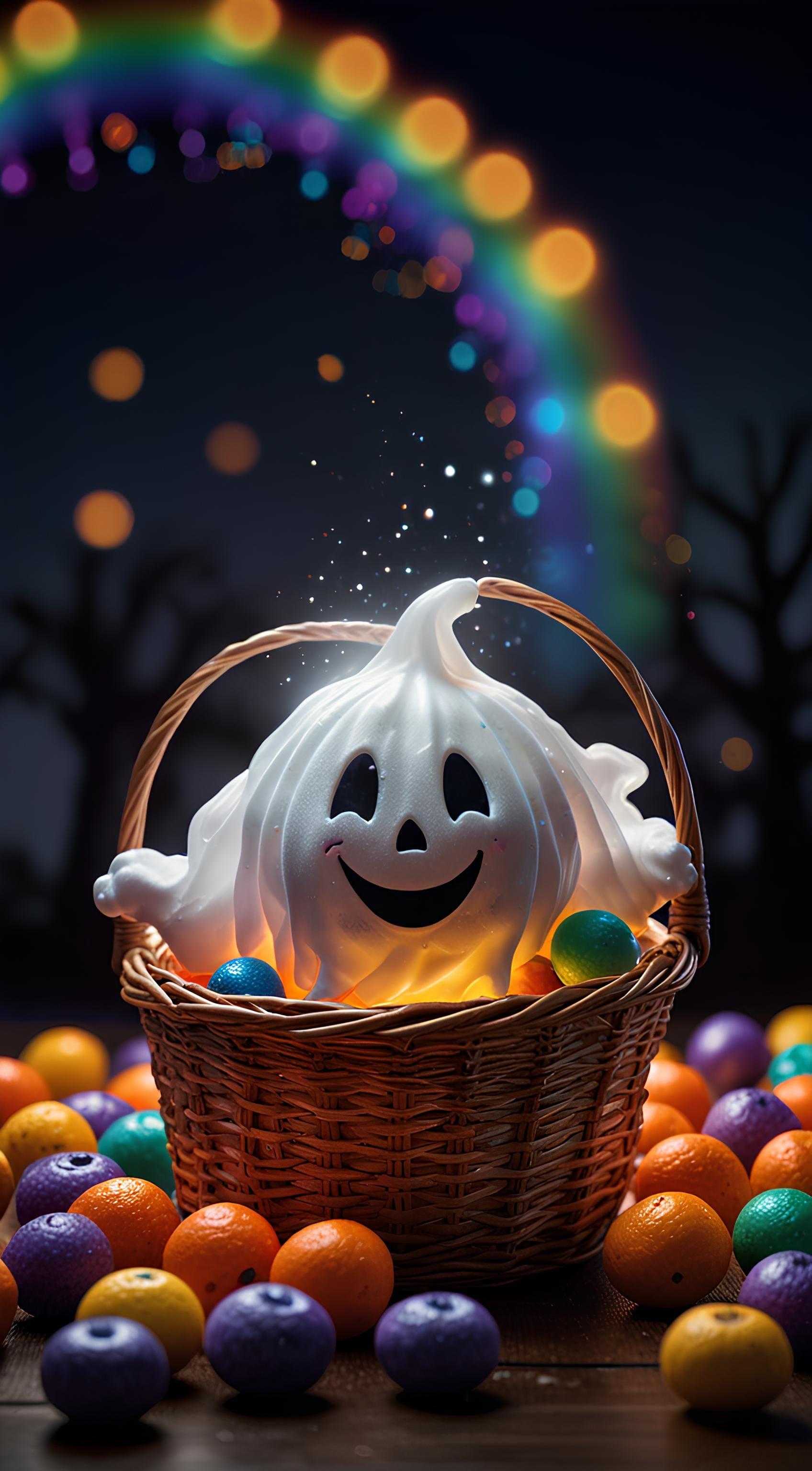 Ghost in a Basket with Halloween Candies - Whimsical Halloween Art