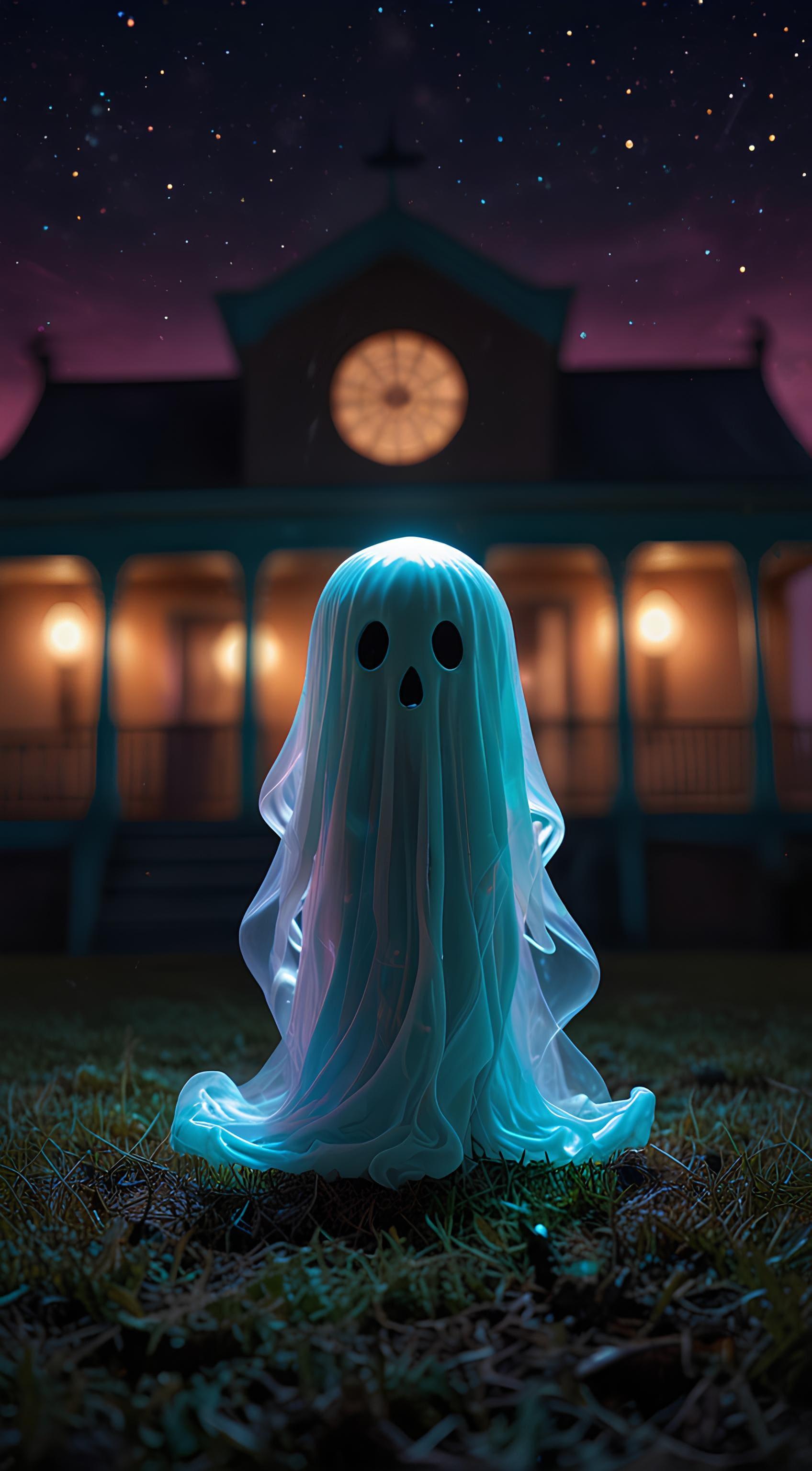 Halloween Ghost in Front of Haunted House 