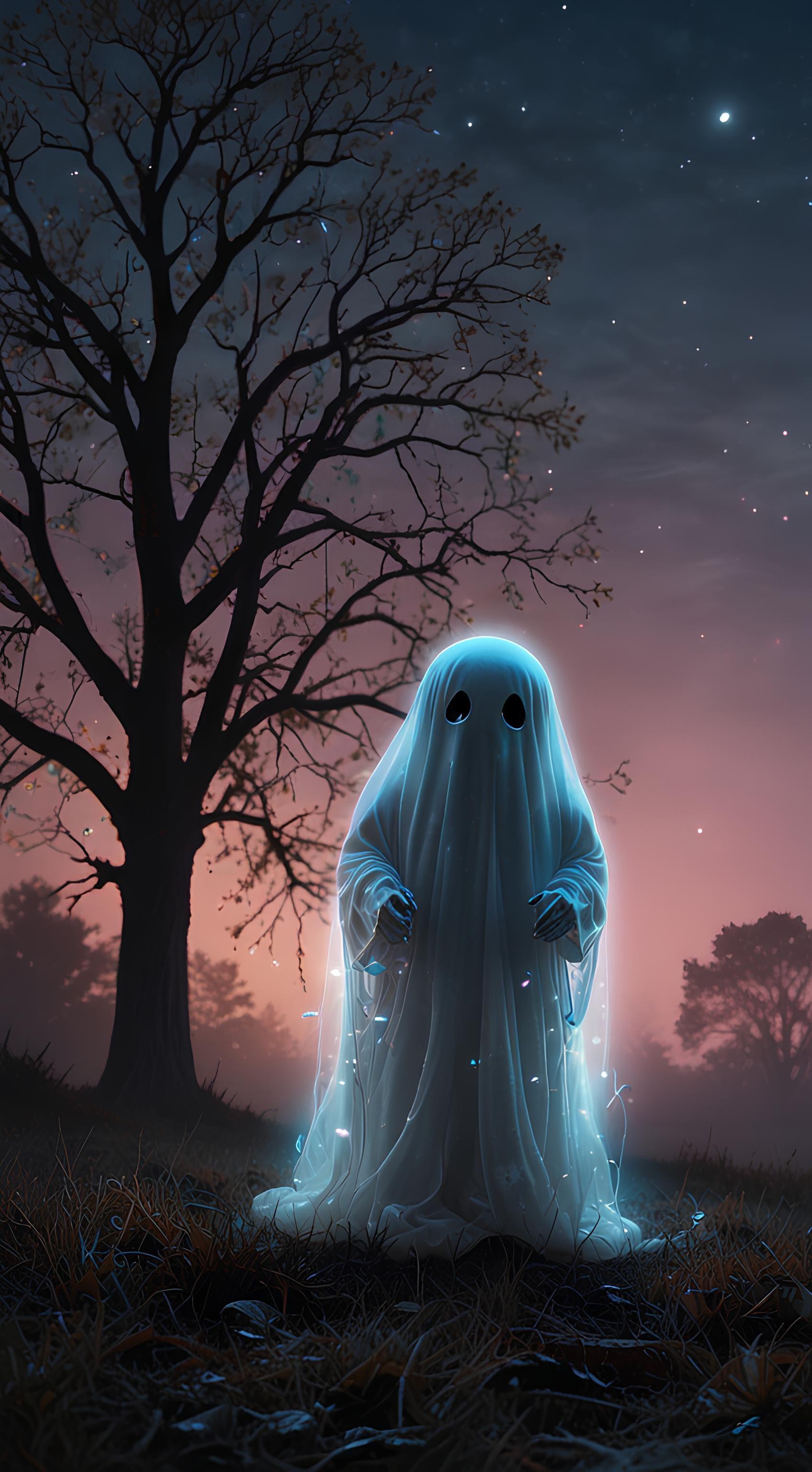 Halloween Ghost Under Starry Twilight Sky