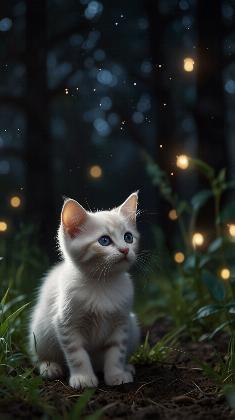Enchanted Kitten in a Forest of Fireflies