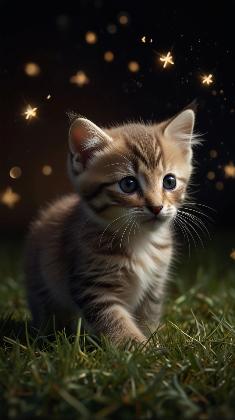 Whimsical Kitten with Fireflies