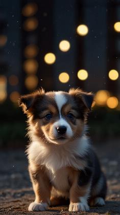 Puppy with Bokeh Lights at Dusk
