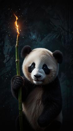 Panda with a Fiery Bamboo Torch