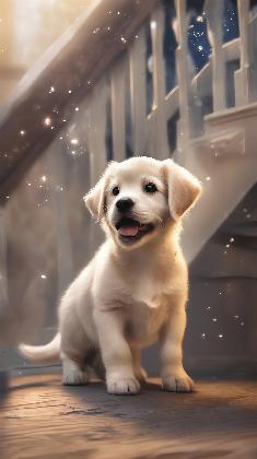 Curious Puppy on a Magical Staircase