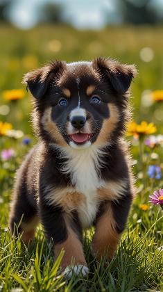 Playful Puppy in a Field of Wildflowers